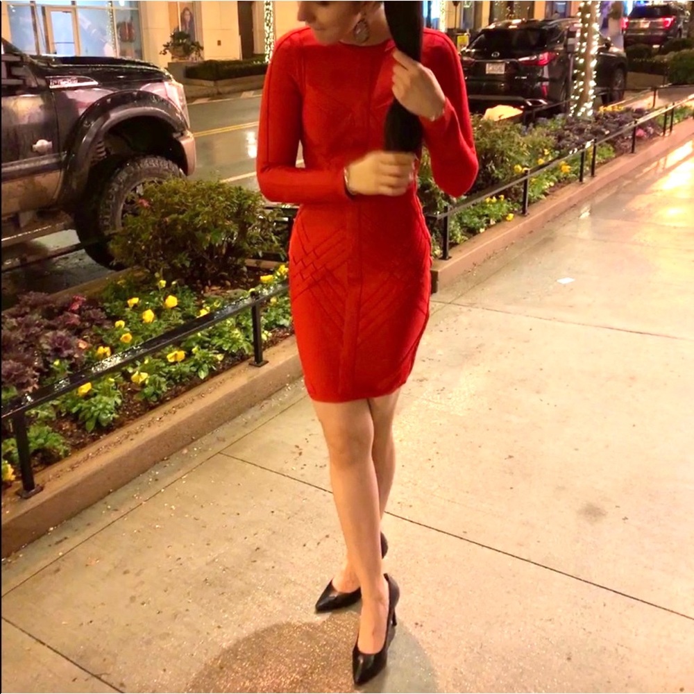 Long Sleeve Red Bandage Bodycon Geometric Dress